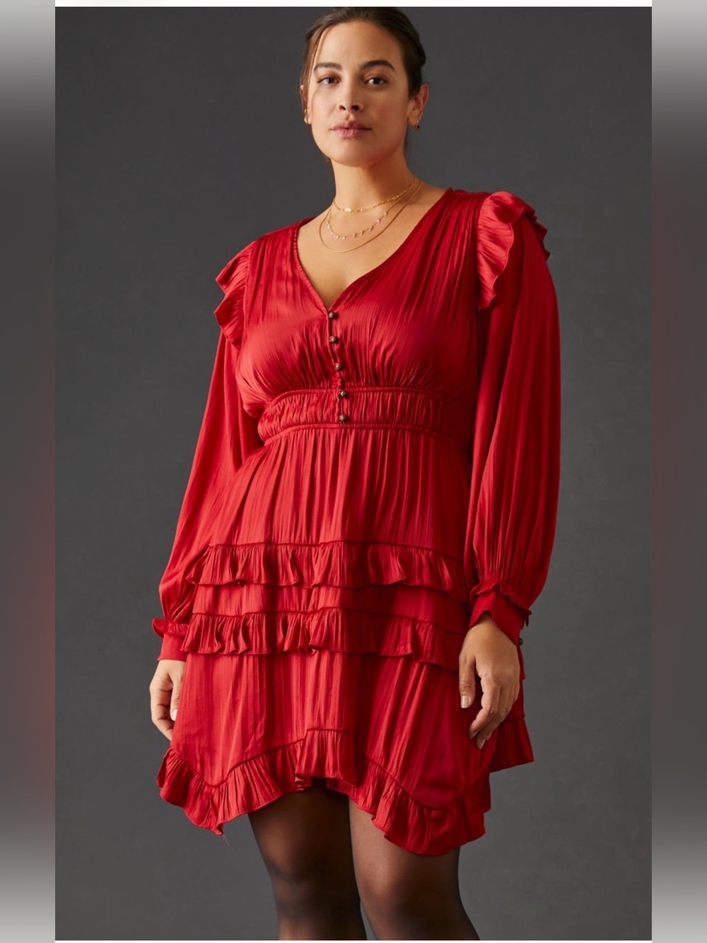 Anthropologie Crimson Ruffle V-Neck Long Sleeve Mini Dress